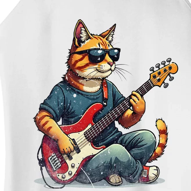 Funny Cat Wearing Sunglasses Playing Bass Guitar Cat Owner Women’s Perfect Tri Rocker Tank