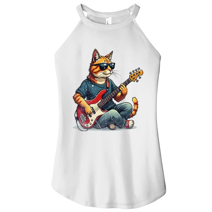 Funny Cat Wearing Sunglasses Playing Bass Guitar Cat Owner Women’s Perfect Tri Rocker Tank