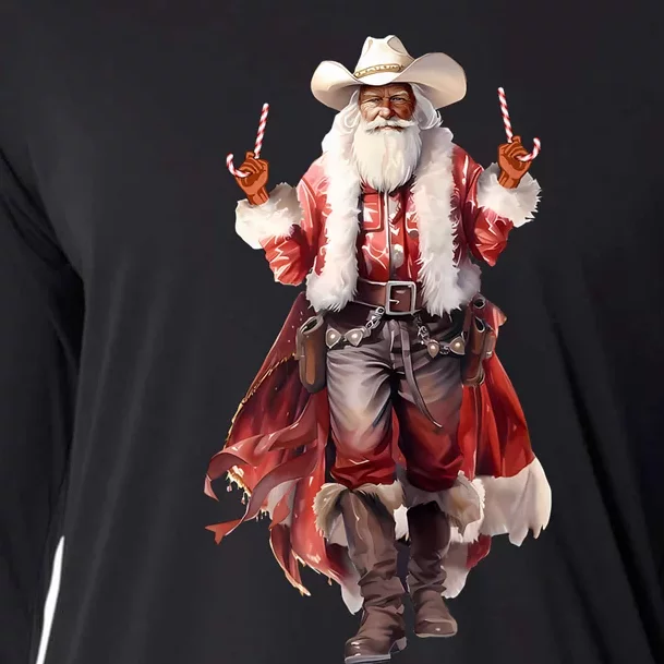 Funny Christmas Western Cowboy Santa Claus And Candy Cane Cooling Performance Long Sleeve Crew