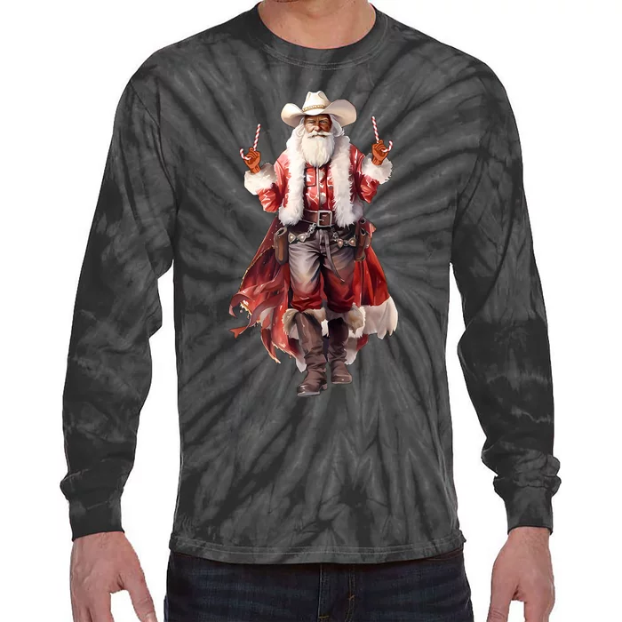 Funny Christmas Western Cowboy Santa Claus And Candy Cane Tie-Dye Long Sleeve Shirt