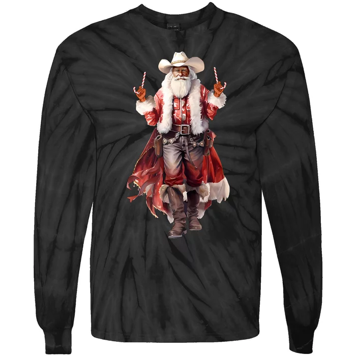 Funny Christmas Western Cowboy Santa Claus And Candy Cane Tie-Dye Long Sleeve Shirt