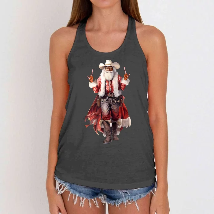 Funny Christmas Western Cowboy Santa Claus And Candy Cane Women's Knotted Racerback Tank