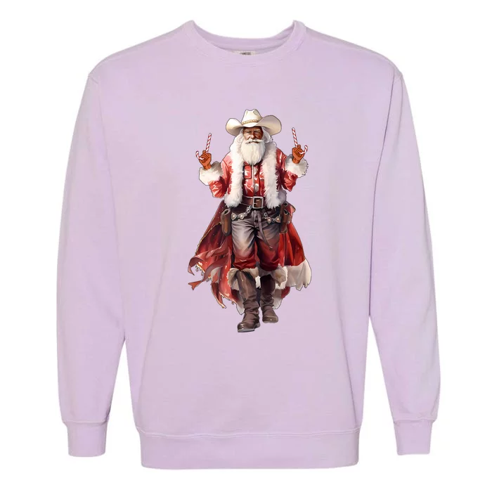 Funny Christmas Western Cowboy Santa Claus And Candy Cane Garment-Dyed Sweatshirt