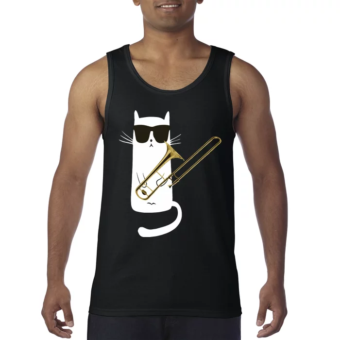 Funny Cat Wearing Sunglasses Playing Trombone Tank Top