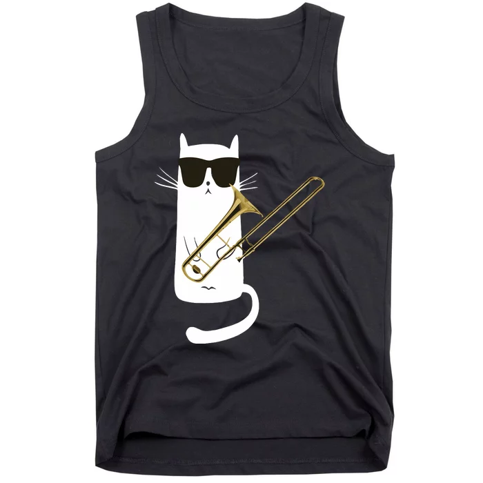 Funny Cat Wearing Sunglasses Playing Trombone Tank Top