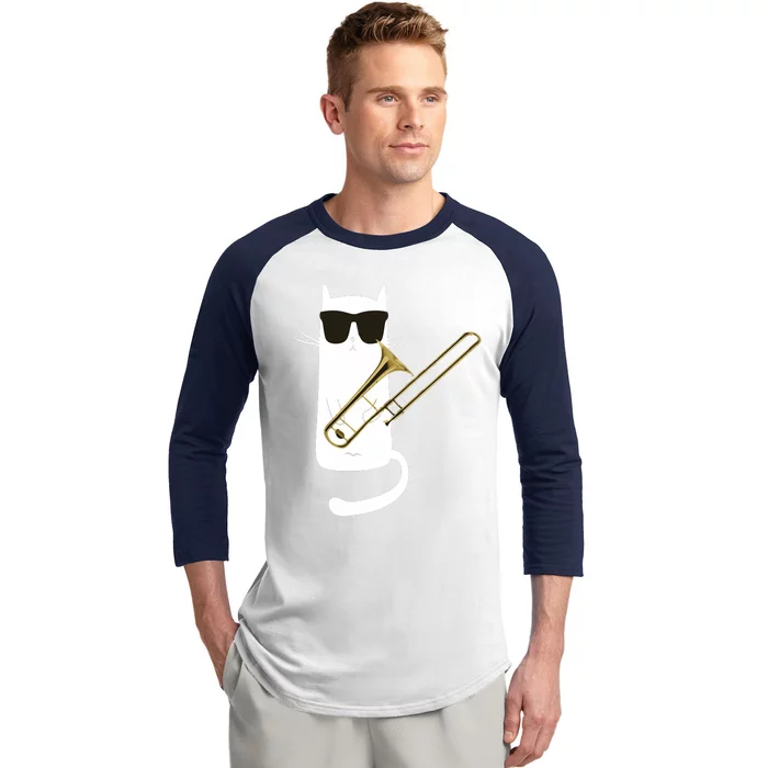 Funny Cat Wearing Sunglasses Playing Trombone Baseball Sleeve Shirt