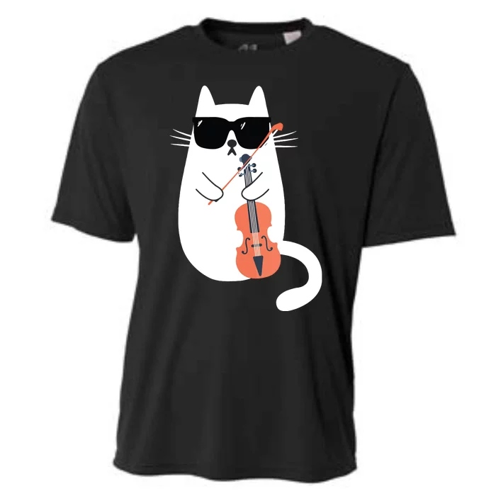 Funny Cat Wearing Sunglasses Playing Violin Viola Musician Cooling Performance Crew T-Shirt