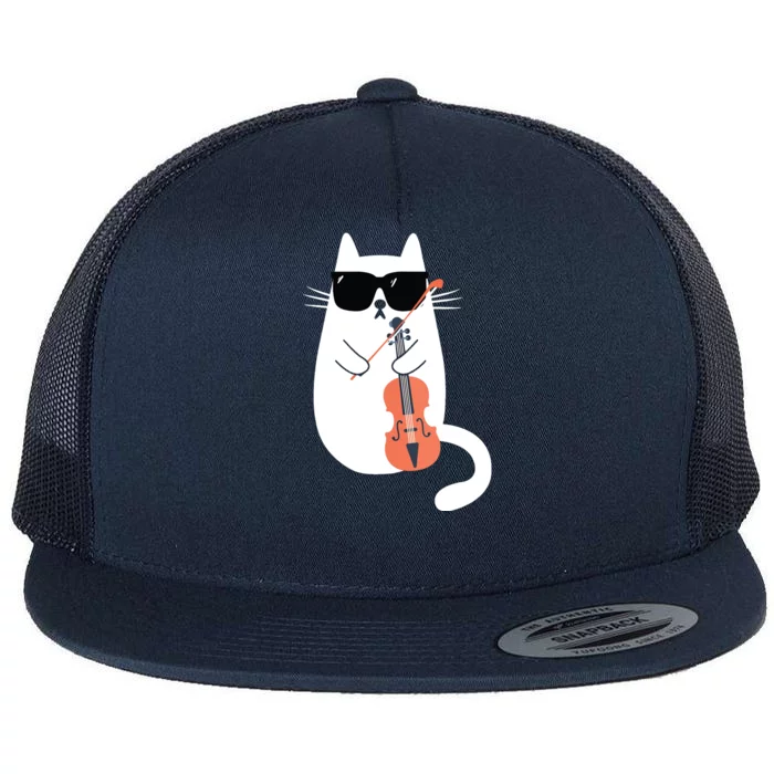 Funny Cat Wearing Sunglasses Playing Violin Viola Musician Flat Bill Trucker Hat