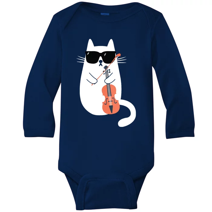 Funny Cat Wearing Sunglasses Playing Violin Viola Musician Baby Long Sleeve Bodysuit