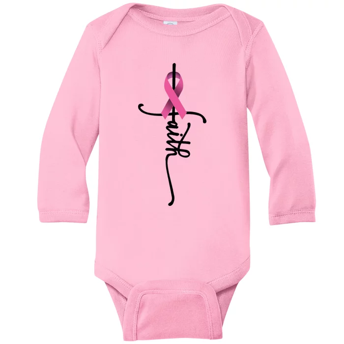 Faith Cross Warrior Survivor Ribbon Breast Cancer Baby Long Sleeve Bodysuit