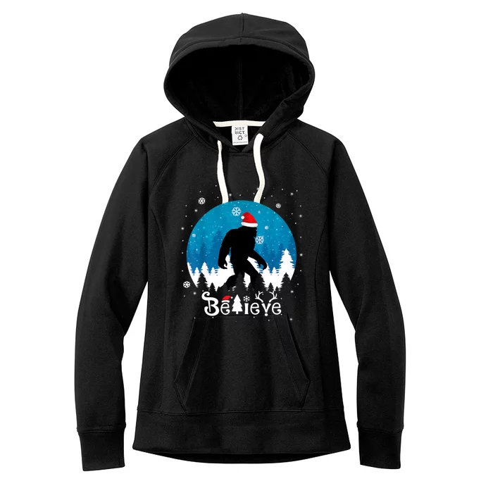 Funny Christmas Xmas Bigfoot Believe Sasquatch In Moon Light Women's Fleece Hoodie