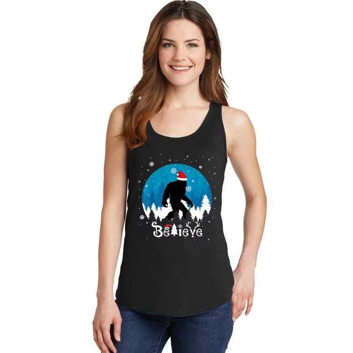 Funny Christmas Xmas Bigfoot Believe Sasquatch In Moon Light Ladies Essential Tank