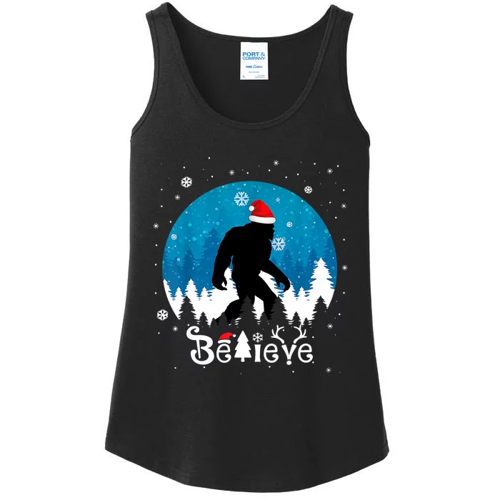 Funny Christmas Xmas Bigfoot Believe Sasquatch In Moon Light Ladies Essential Tank