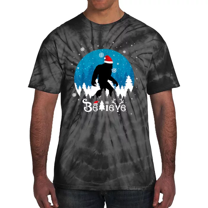 Funny Christmas Xmas Bigfoot Believe Sasquatch In Moon Light Tie-Dye T-Shirt