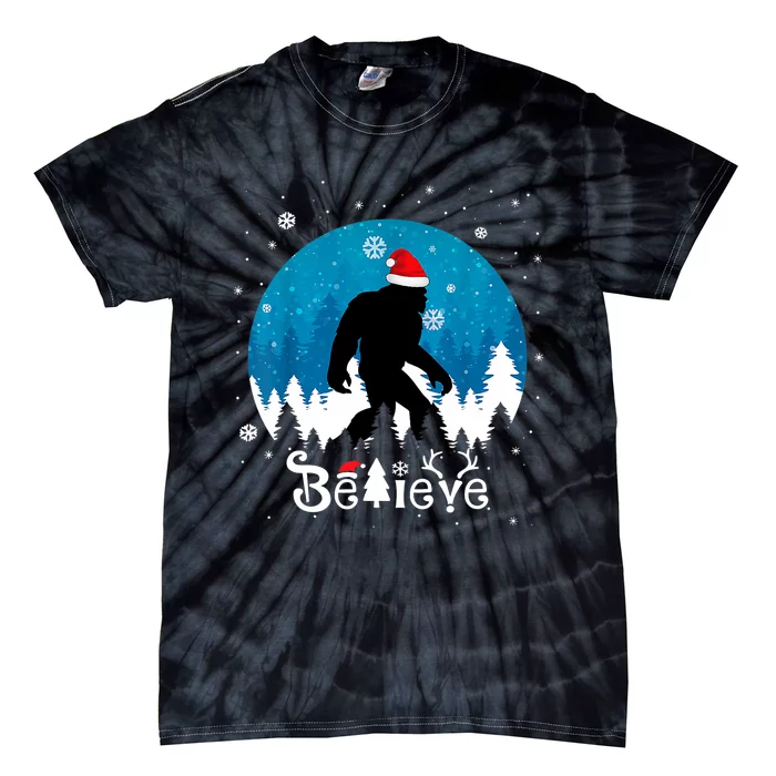 Funny Christmas Xmas Bigfoot Believe Sasquatch In Moon Light Tie-Dye T-Shirt