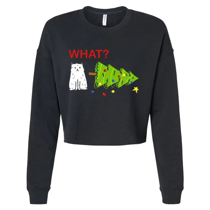 Funny Christmas XMas Cat What? Cropped Pullover Crew