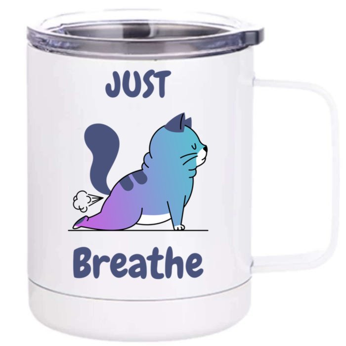 Funny Cat Yoga Just Breathe Cute Mediation Gift Front & Back 12oz Stainless Steel Tumbler Cup