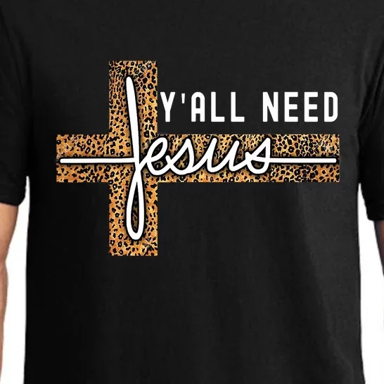 Funny Christian Y'all Need Jesus Graphic Tees Leopard Cross Pajama Set