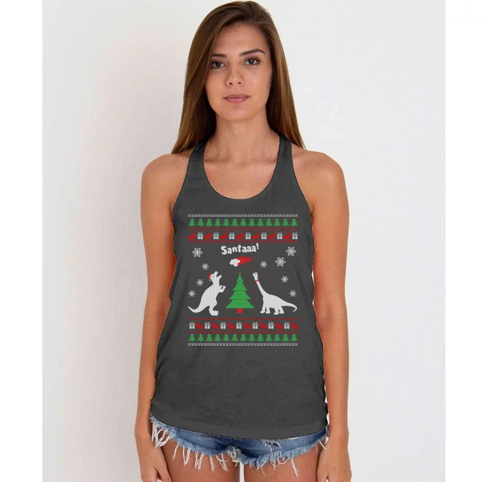 Funny Dinosaurs And Santa Ugly Christmas Sweater Women's Knotted Racerback Tank