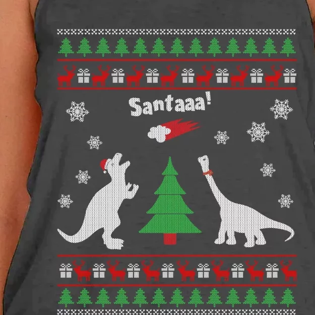 Funny Dinosaurs And Santa Ugly Christmas Sweater Women's Knotted Racerback Tank