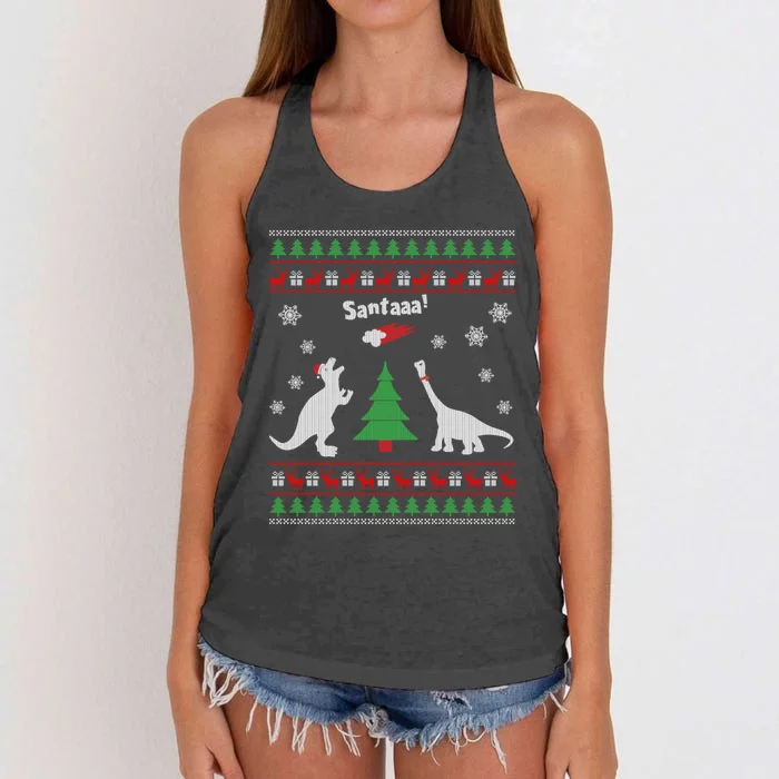 Funny Dinosaurs And Santa Ugly Christmas Sweater Women's Knotted Racerback Tank