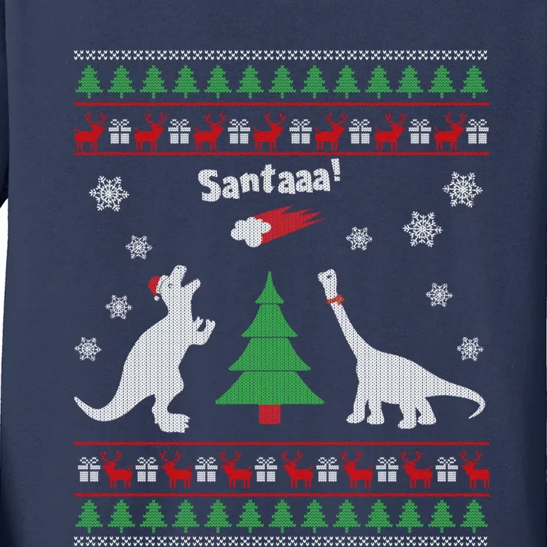 Funny Dinosaurs And Santa Ugly Christmas Sweater Kids Long Sleeve Shirt