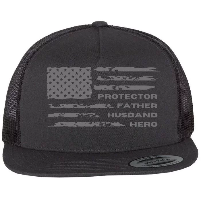 Fathers Day American Flag Husband Daddy Protector Hero Flat Bill Trucker Hat