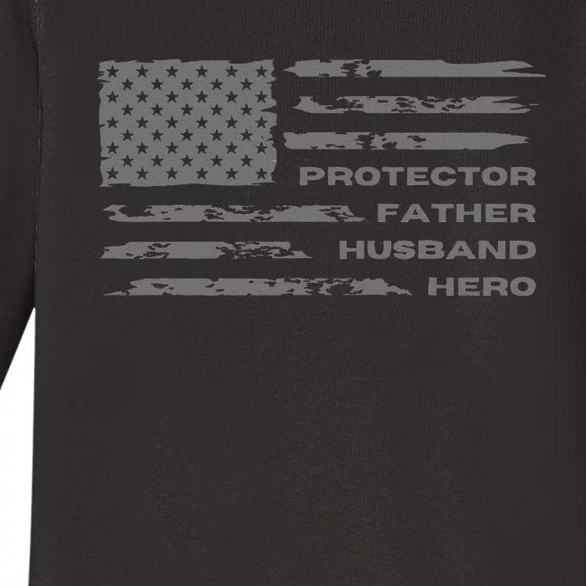 Fathers Day American Flag Husband Daddy Protector Hero Baby Long Sleeve Bodysuit