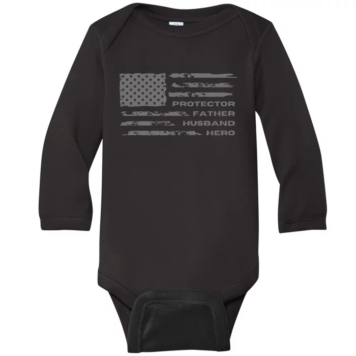 Fathers Day American Flag Husband Daddy Protector Hero Baby Long Sleeve Bodysuit