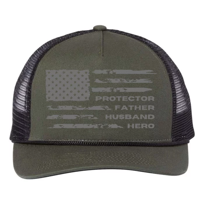 Fathers Day American Flag Husband Daddy Protector Hero Retro Rope Trucker Hat Cap