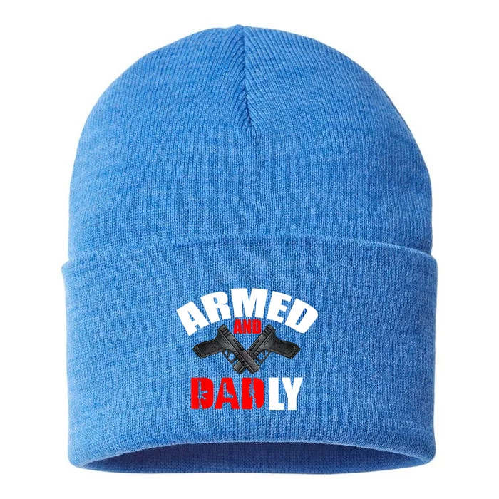 Fathers Day Armed And Dadly Deadly Funny For Dad Sustainable Knit Beanie