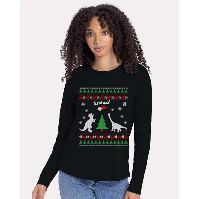 Funny Dinosaurs And Santa Ugly Christmas Sweater Gift Womens Cotton Relaxed Long Sleeve T-Shirt