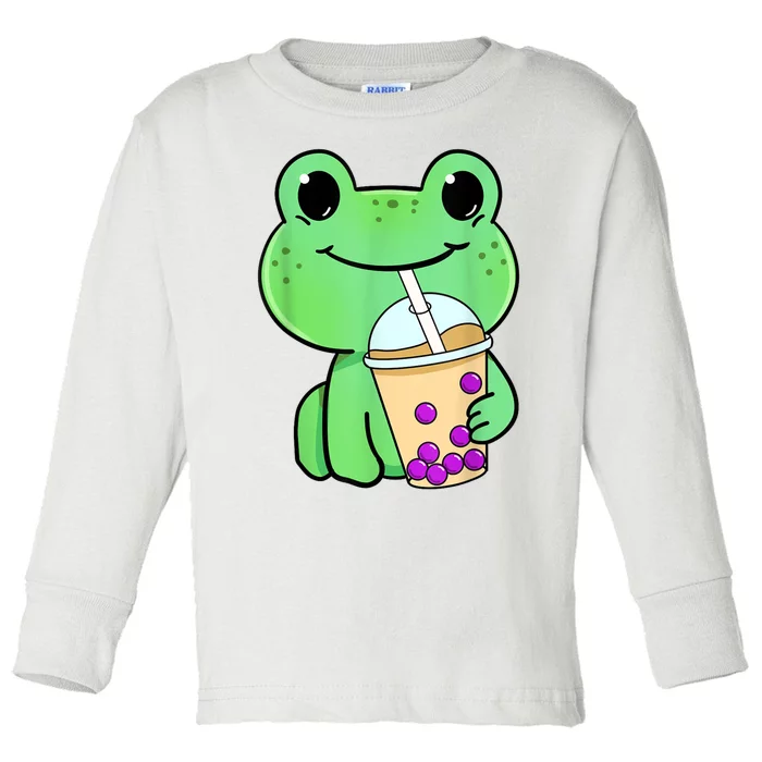 Frog Drinking Bubble Tea Toddler Long Sleeve Shirt