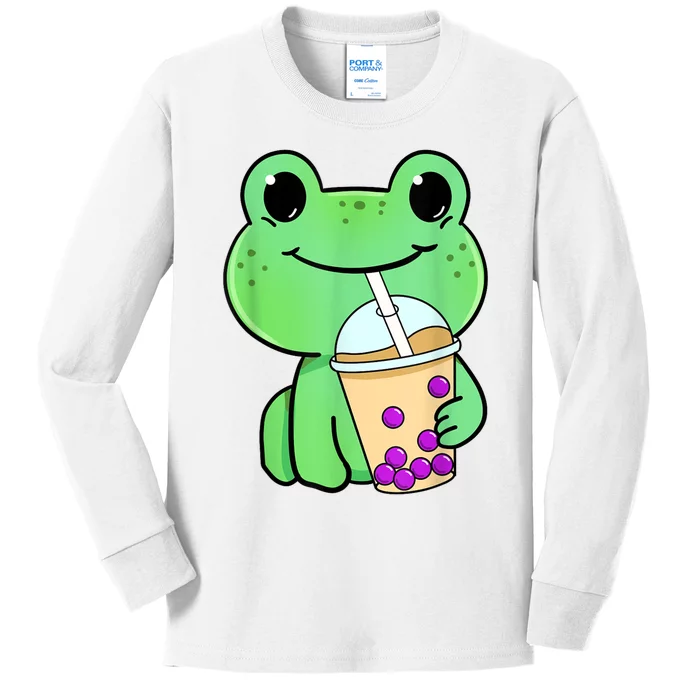 Frog Drinking Bubble Tea Kids Long Sleeve Shirt