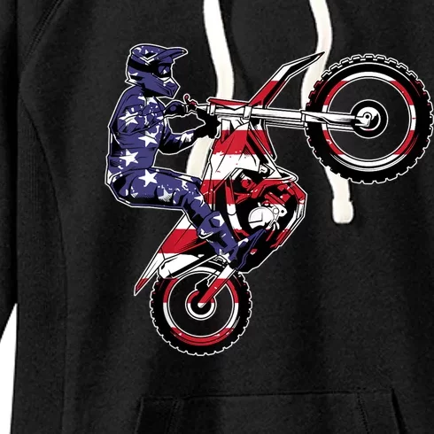 Funny Dirt Bike Art Motorcycle Dirtbike US Flag Women's Fleece Hoodie