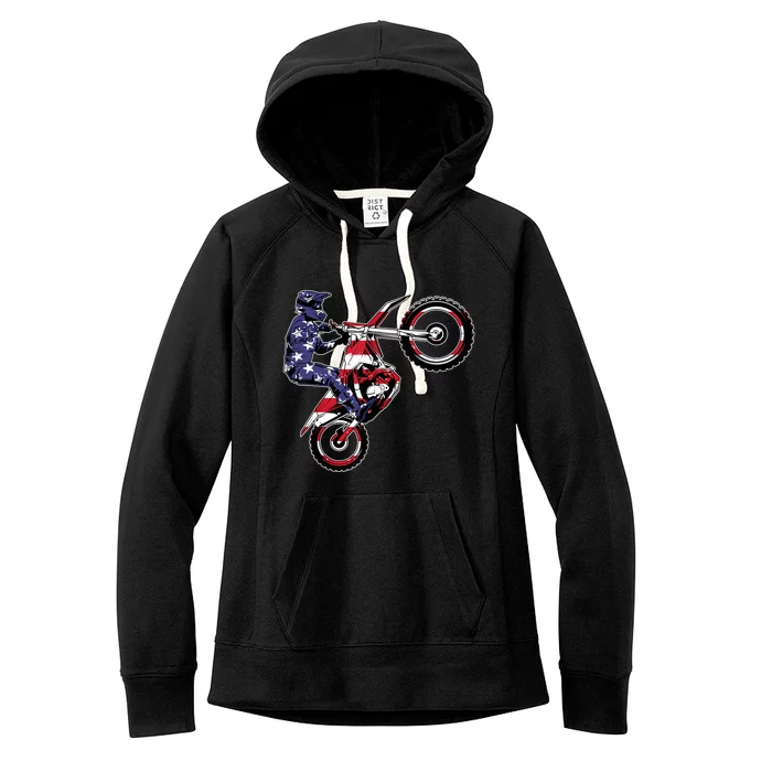 Funny Dirt Bike Art Motorcycle Dirtbike US Flag Women's Fleece Hoodie