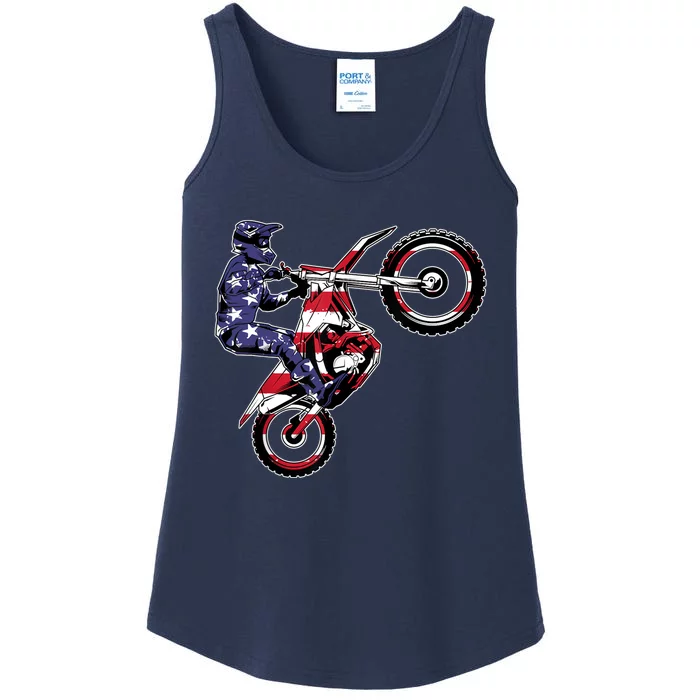 Funny Dirt Bike Art Motorcycle Dirtbike US Flag Ladies Essential Tank