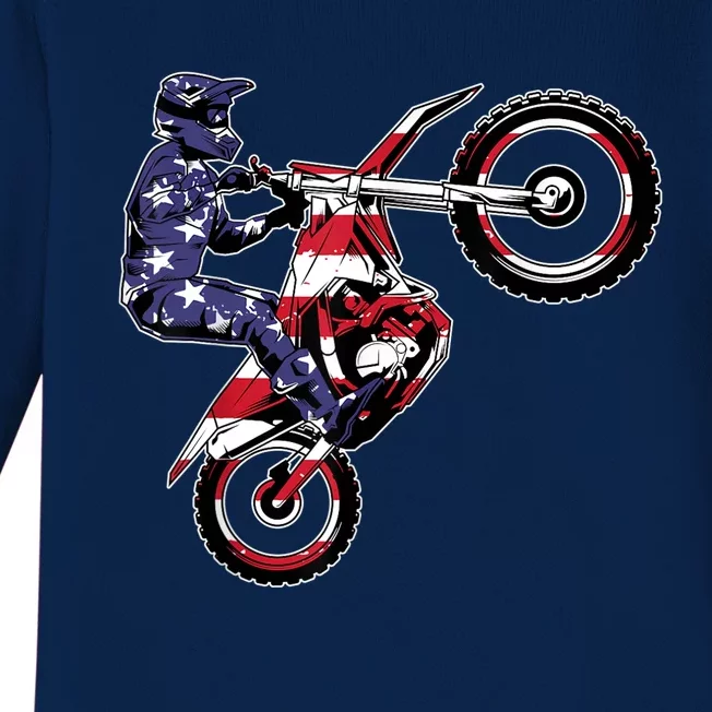 Funny Dirt Bike Art Motorcycle Dirtbike US Flag Baby Long Sleeve Bodysuit