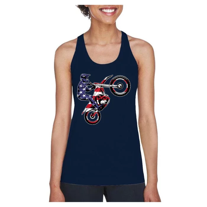 Funny Dirt Bike Art Motorcycle Dirtbike US Flag Women's Racerback Tank