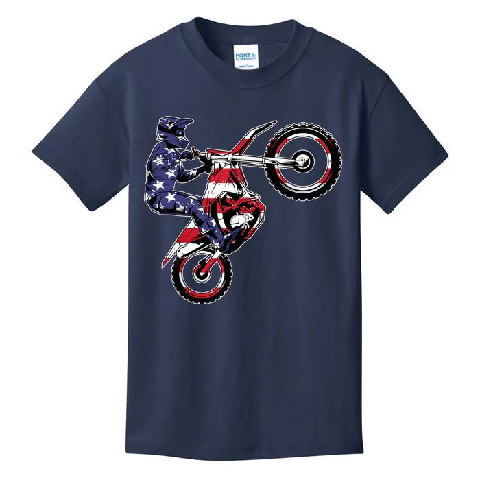 Funny Dirt Bike Art Motorcycle Dirtbike US Flag Kids T-Shirt