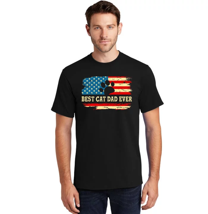 Fathers Day Best Cat Dad Ever Retro US American Flag Cat Dad Tall T-Shirt