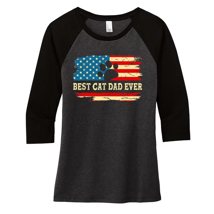 Fathers Day Best Cat Dad Ever Retro US American Flag Cat Dad Women's Tri-Blend 3/4-Sleeve Raglan Shirt