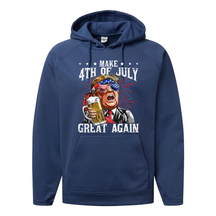 Funny Drinking Beer Party Make 4th Of July Great Again Performance Fleece Hoodie