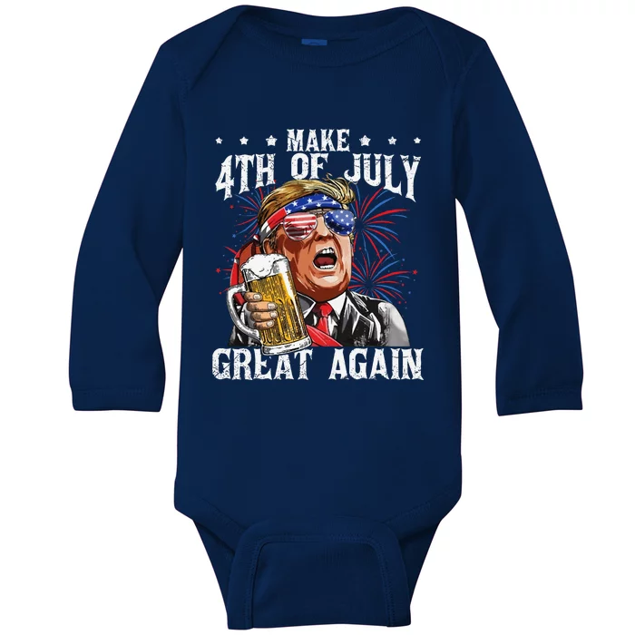 Funny Drinking Beer Party Make 4th Of July Great Again Baby Long Sleeve Bodysuit