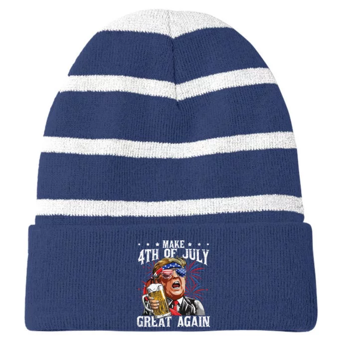 Funny Drinking Beer Party Make 4th Of July Great Again Striped Beanie with Solid Band