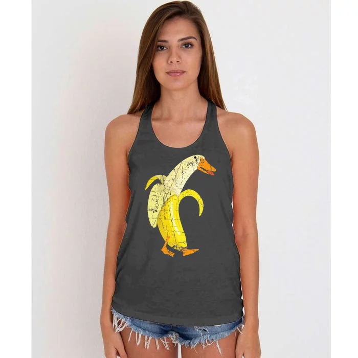 Funny Duck Banana Farm Animal Pun Distressed Design Women's Knotted Racerback Tank