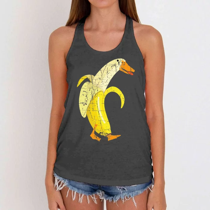 Funny Duck Banana Farm Animal Pun Distressed Design Women's Knotted Racerback Tank