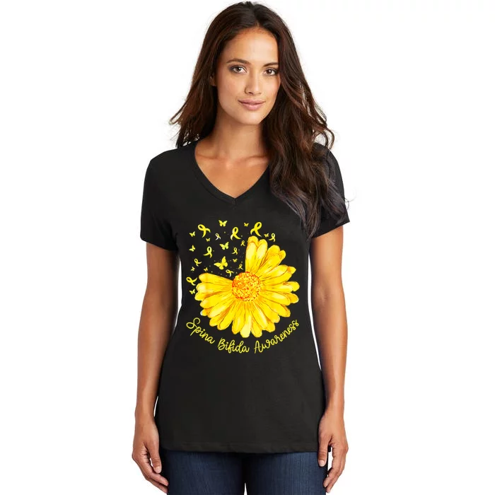 Funny Daisy Butterfly Yellow Ribbon Spina Bifida Awareness Women's V-Neck T-Shirt