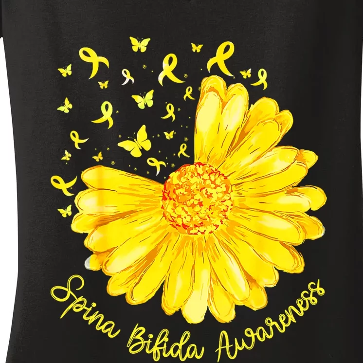 Funny Daisy Butterfly Yellow Ribbon Spina Bifida Awareness Women's V-Neck T-Shirt