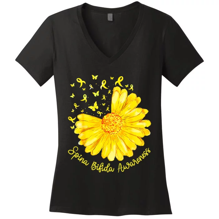 Funny Daisy Butterfly Yellow Ribbon Spina Bifida Awareness Women's V-Neck T-Shirt